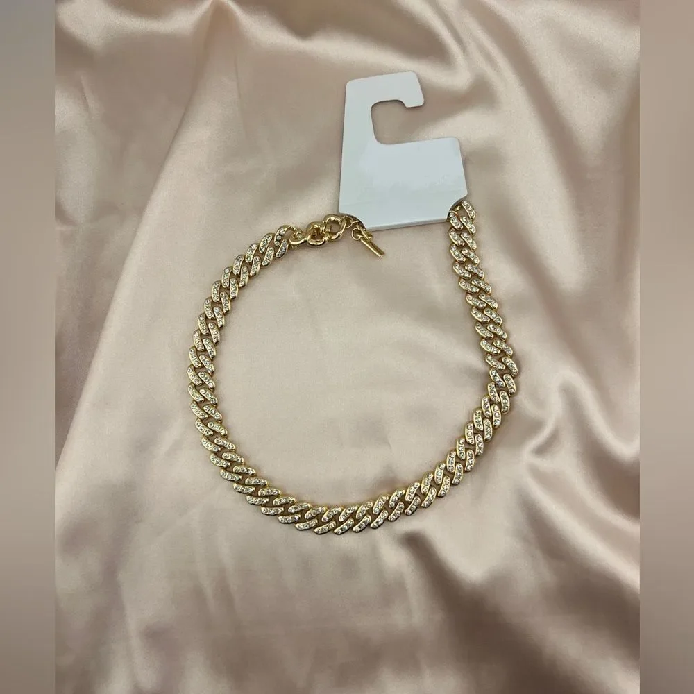 Gold-Tone Cuban Link Chain Necklace with Rhinestones